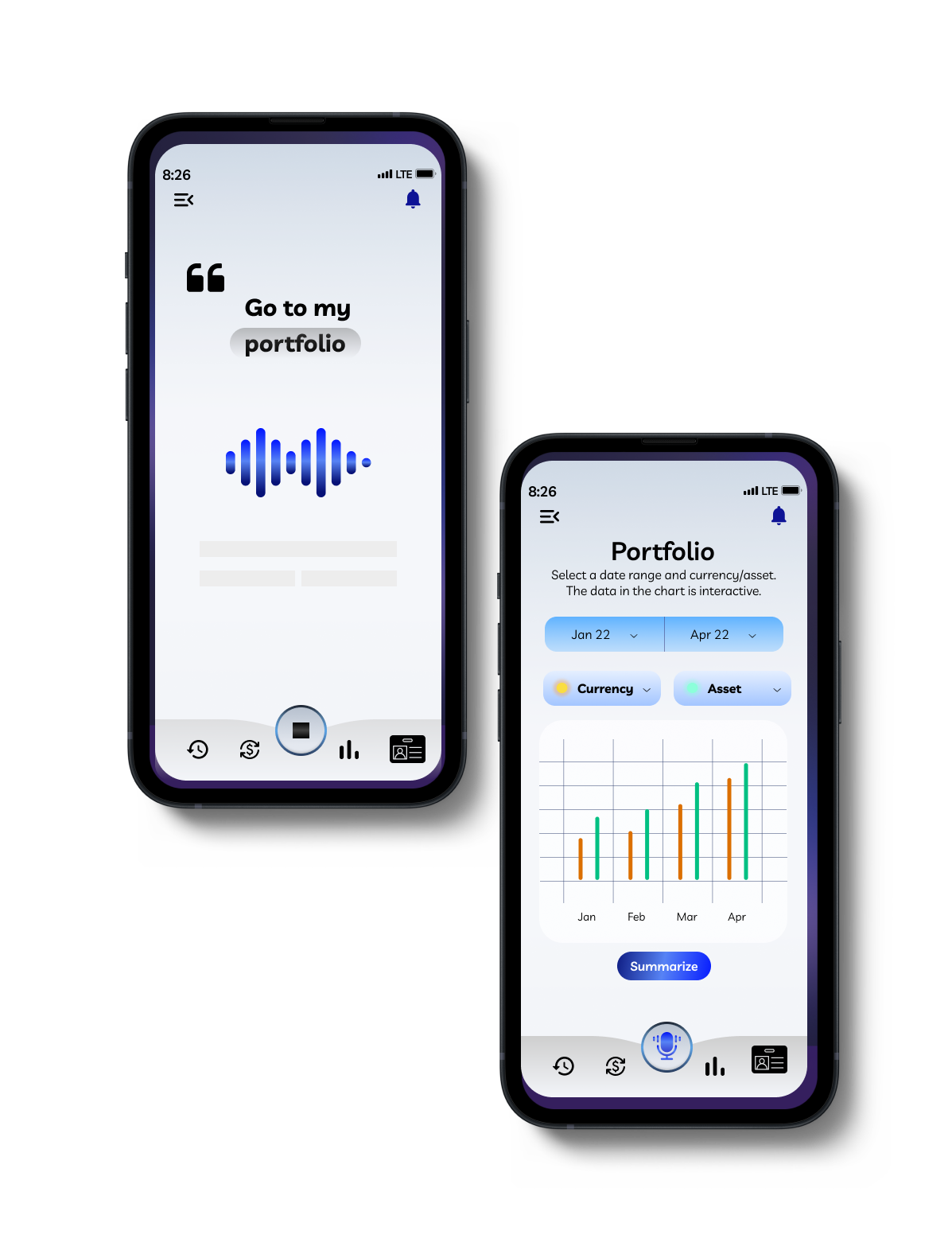 Two wallet screens. The first is a voice command screen with the command go to my portolio. The second shows the user's portolio with time ranges and a graph.
